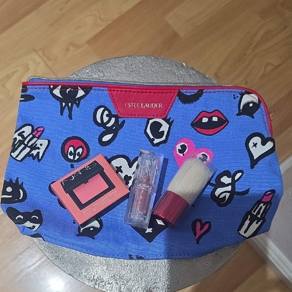 Estee Lauder Cosmetic Bag with Blue and Red Design And Makup Bundle